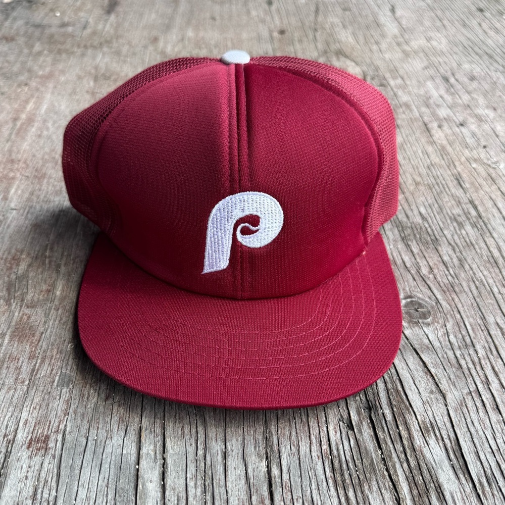 MLB Phillies Red Mesh Trucker Hat with White Logo